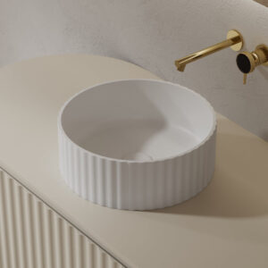 380mm Matte White Fluted Solid Surface Stone Round Above Counter Basin