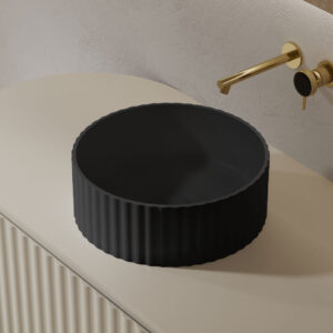 380mm Matte Black Fluted Solid Surface Stone Round Above Counter Basin